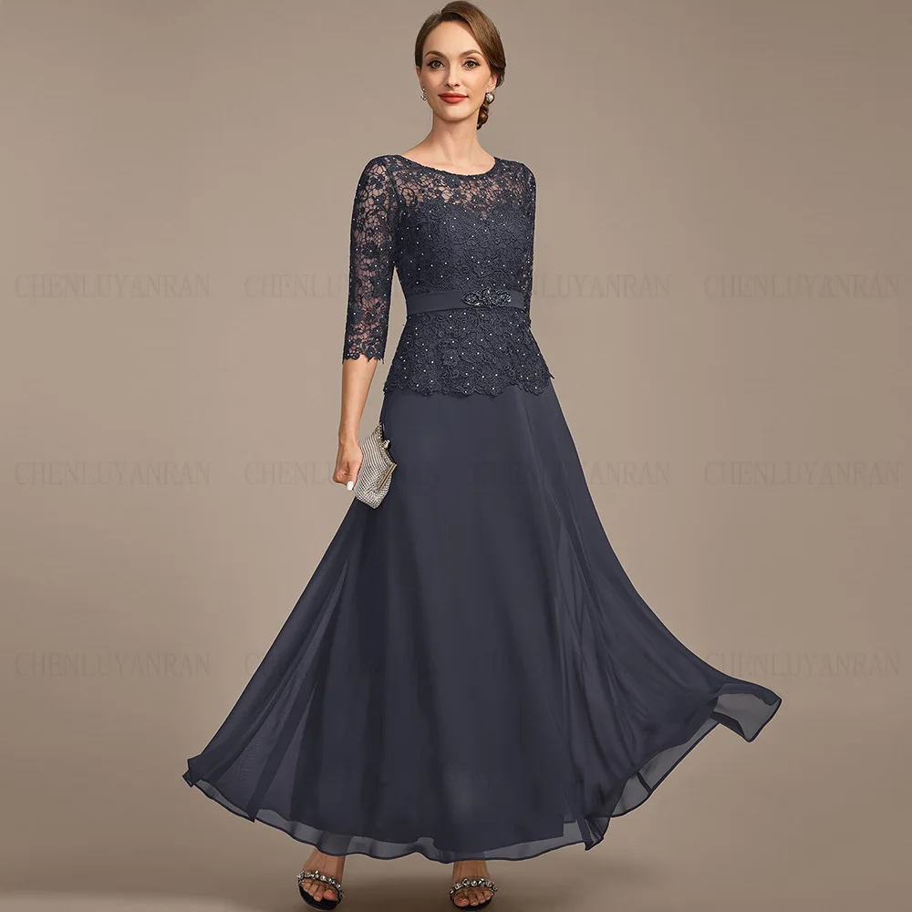 

Chiffon O-neck Mother of the Bride Dresses 2024 3/4 Sleeves Long Wedding Guest Gowns Lace A-line Elegant Dress Women For Wedding