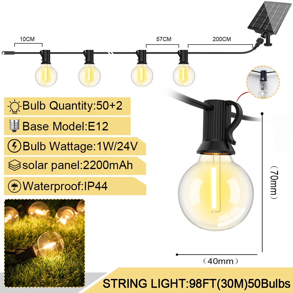 33FT 49FT 98FT LED Solar Garland G40 Shatterproof Globe Replacement Bulb Solar String Light For Garden Campe Fairy Backyard Deco
