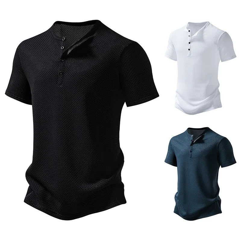 Summer Men's New 4-button Ice Silk Breathable and Soft Henry Short Sleeved T-shirt