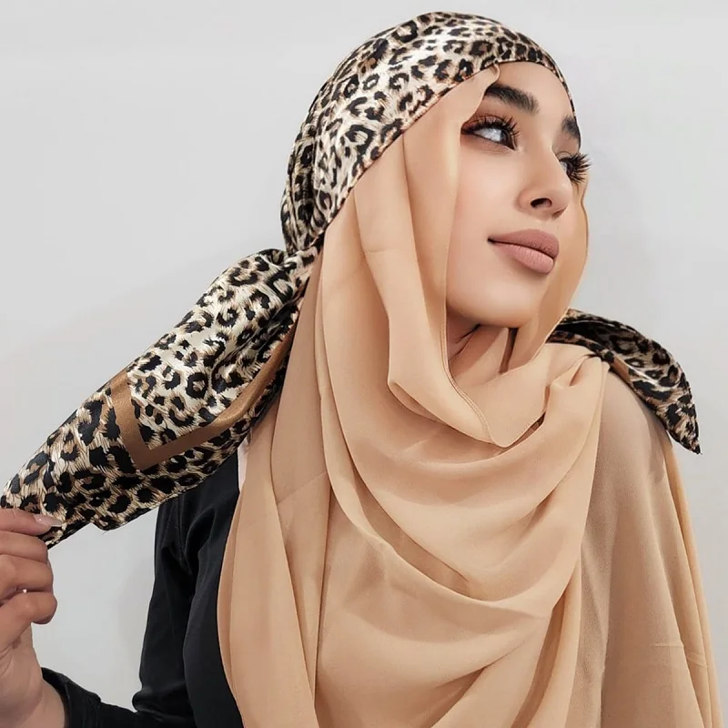 Leopard Stain Silk Square Scarf Solid Chiffon Hijab Group Muslim Women'S Hijab New 2024 Lslamic Turban Soft Headband Headscarf