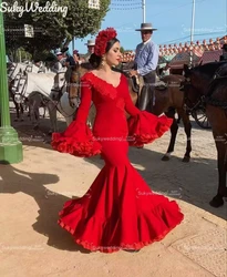 Abiti da ballo flamenco a sirena rossa, maniche lunghe svasate, applique in pizzo, palazzo retrò, ballo, tromba, abito da sera personalizzato