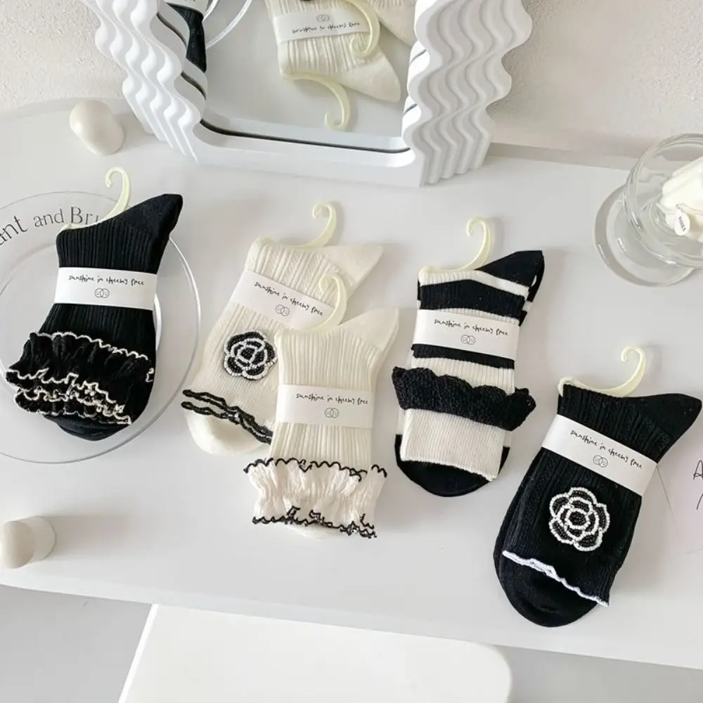 Comfortable Warm Flower Frilly Thick Sweet Cute Women Camellia Socks Korean Style Socks Middle Tube Cotton Hosiery