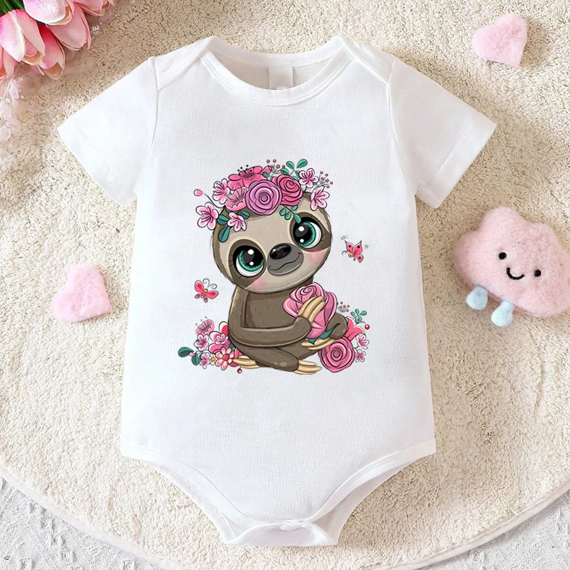 Baby Boys And Girls Funny Sloth Flower Print Bodysuit Infant Summer Short Sleeve Round Neck Jumpsuits Pure Color Sloth Bodysuits