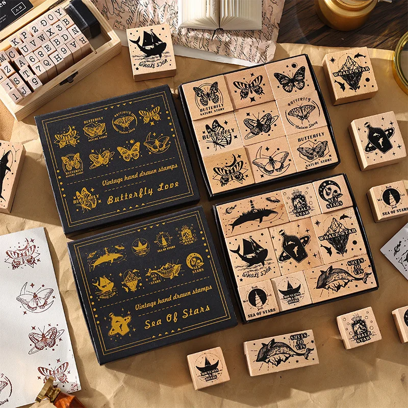 9pcs Vintage Butterfly Collection Decoration Wooden Rubber Stamps for Scrapbooking Stationery DIY Craft Star Ocean Standard Seal