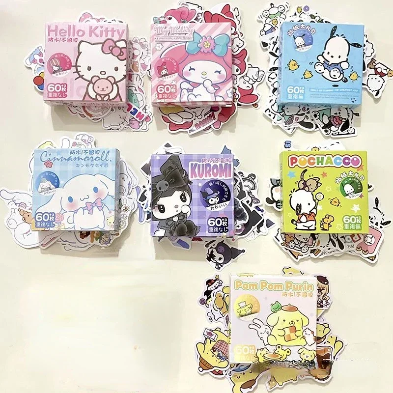 60 Sheets/Box Sanrio Waterproof Stickers Kawaii Hello Kitty My Melody Kuromi Handbook Decoration Sticker Gift Boxes Diy Material