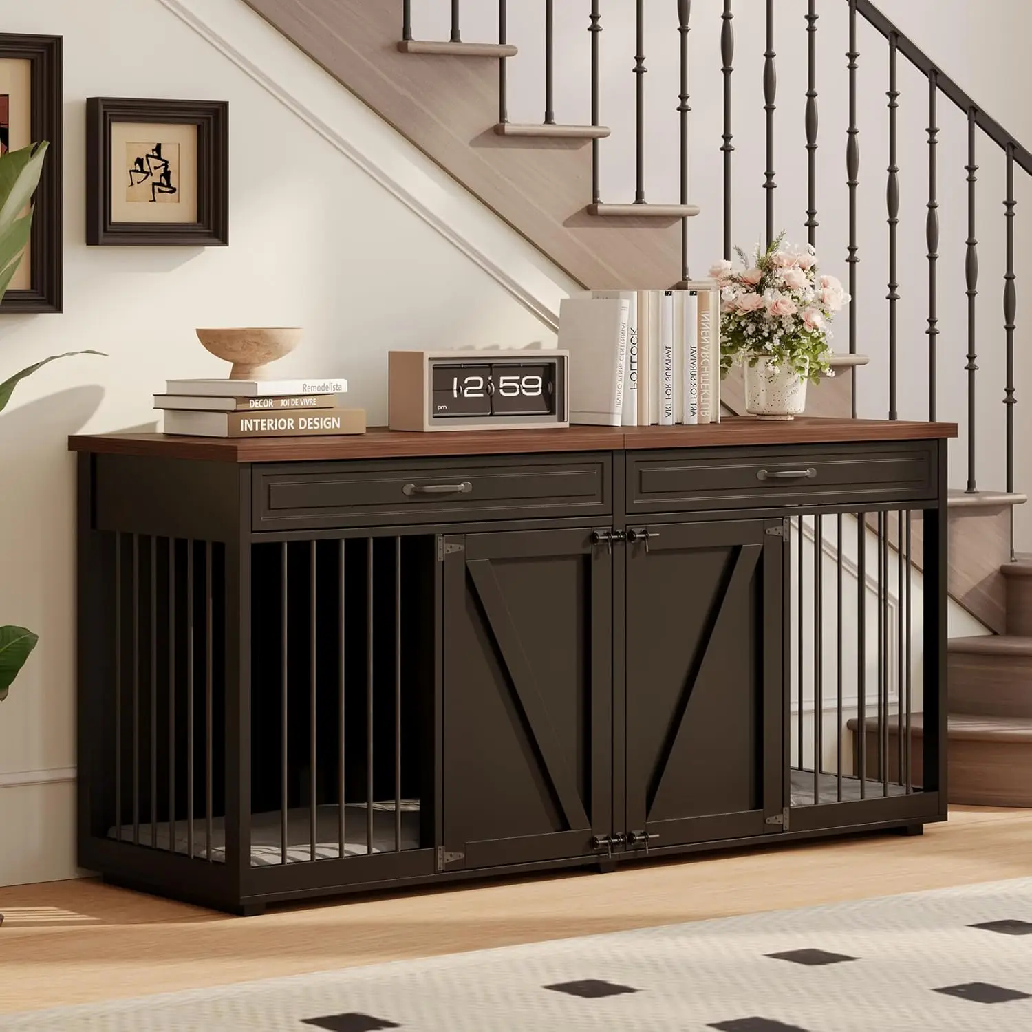 

Furniture Style Dog Crate - Indoor Wooden Dog Kennel Furniture with 2 Drawers & Room Divider - 72" L x 23.6" W x 34" H - Black