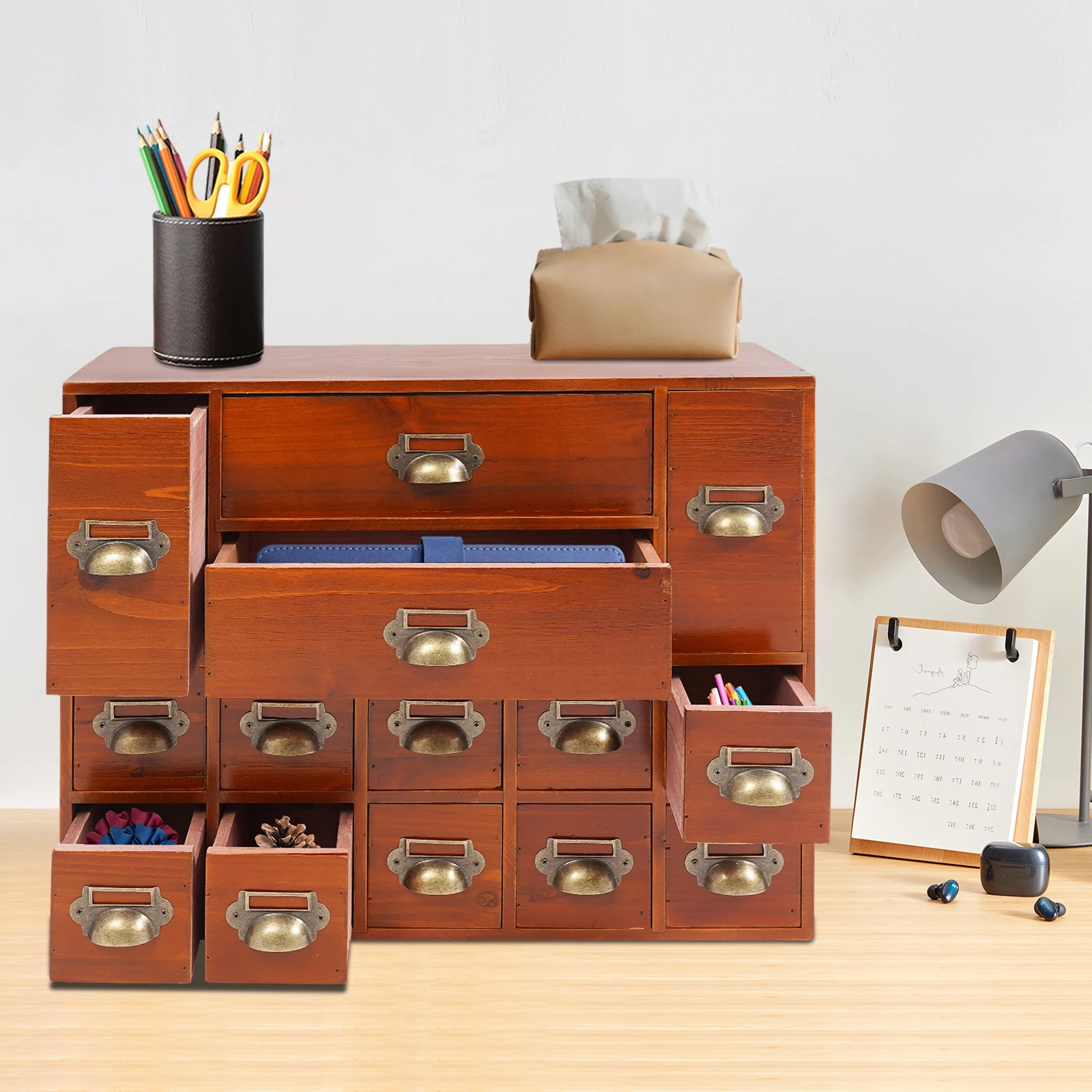 14 Drawers Apothecary Drawers Cabinet, 21*6.3*16.7in Wooden Storage Box w/ Drawers, Library Card Catalog Cabinet for Desktop Organizer