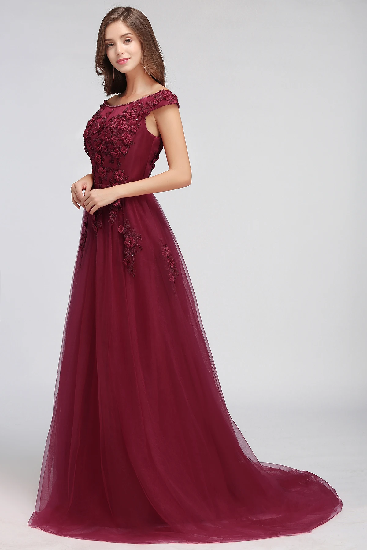 BABYONLINE  Burgundy Evening Dress Off-shoulder Bodice Paddigns 3D Flowers Beading Top  Long Skirt Tulle Formal Party Ball