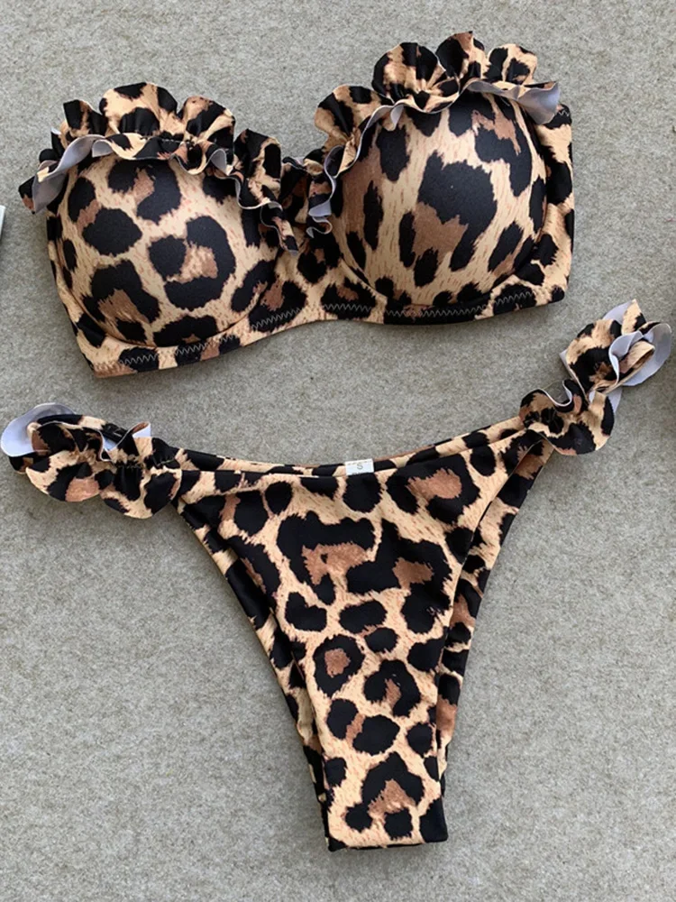 Sexy Leopard Ruffled Bra Cup Bikini 2025 Women Bandeau Swimsuit Female Swimwear Two Pieces Bikini Set High Cut Bathing Suit Swim