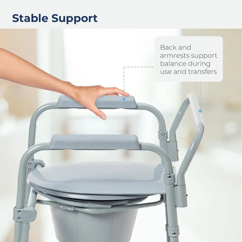 Folding Steel Bedside Commode Chair by Drive Medical, Portable Toilet with 350 lbs Capacity and 7.5 Qt. Bucket