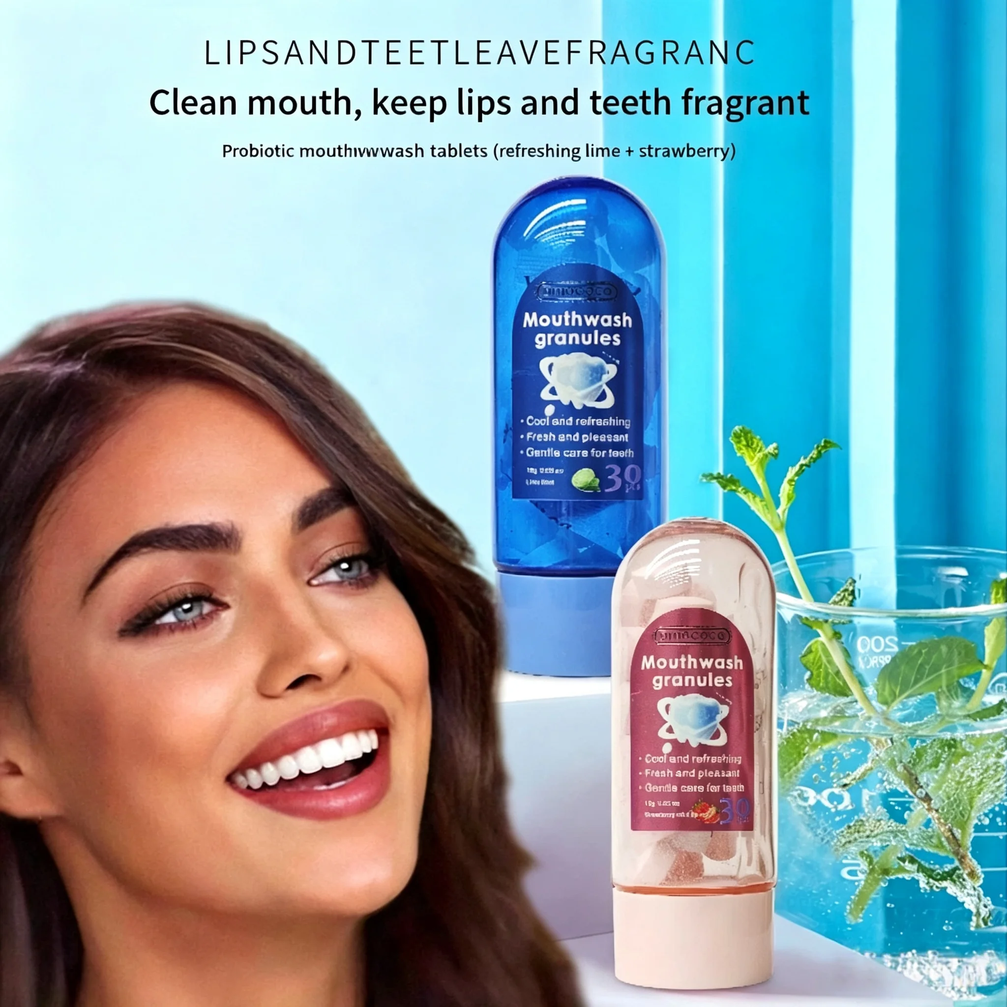 Amococo Mouthwash Granules Set Strawberry Mint  Lime Mint Flavor Oral Care Tablets Fresh Breath Mouth Cleaning Beads Portable Toothpaste Alternative Daily Dental Care
