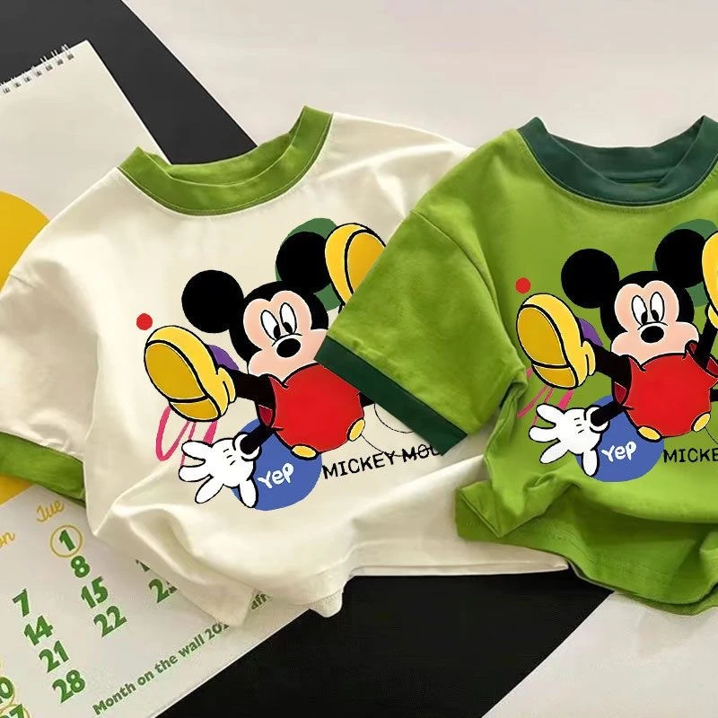 

Летняя хлопковая футболка с короткими рукавами для мальчиков, новый детский топ с изображением Микки Мауса, стильная детская футболка и универсальный наряд с короткими рукавами