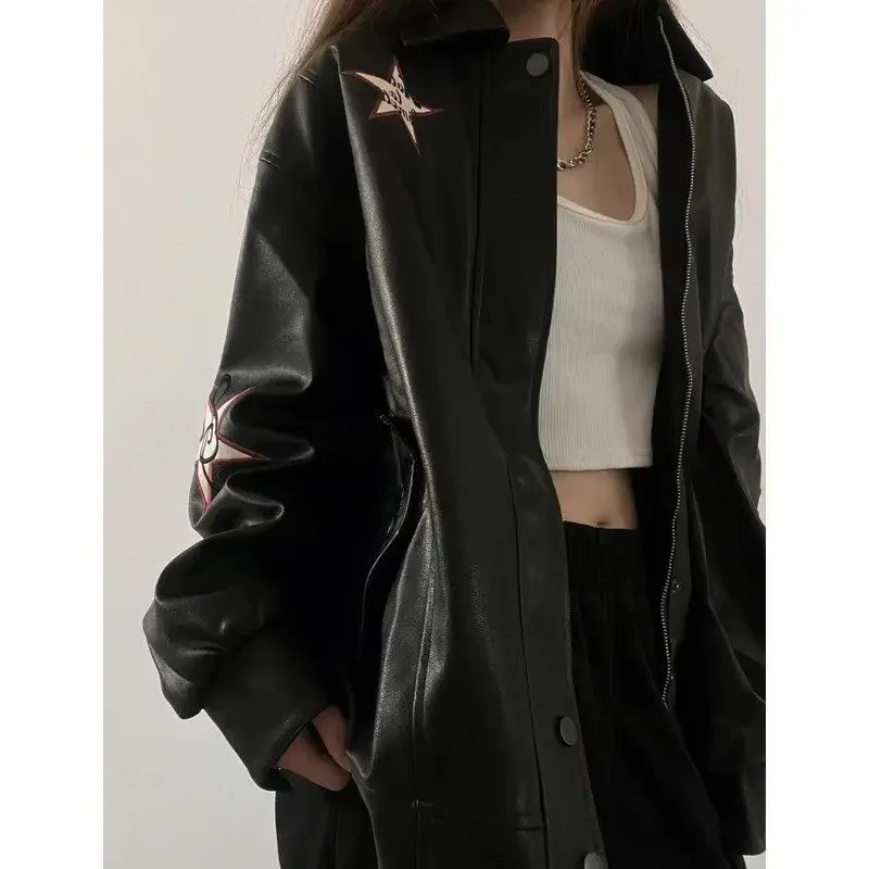 Autumn American Vintage Embroidered Leather Jacket Women Black PU Faux Fur Coat Letter