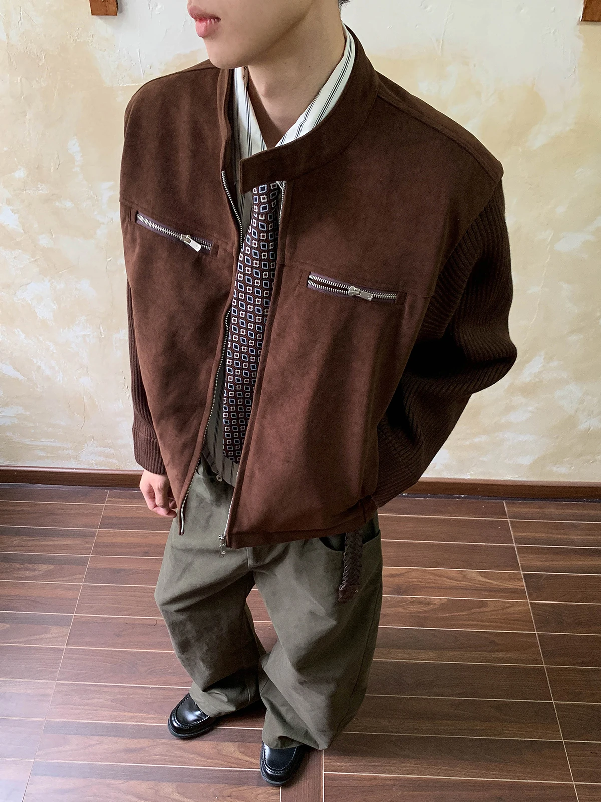 

Oalin American Retro Nubu Suede Patchwork Knitted Small Stand Collar Jaet Men's Cleanfit Cotton Jaet Casual Warmth