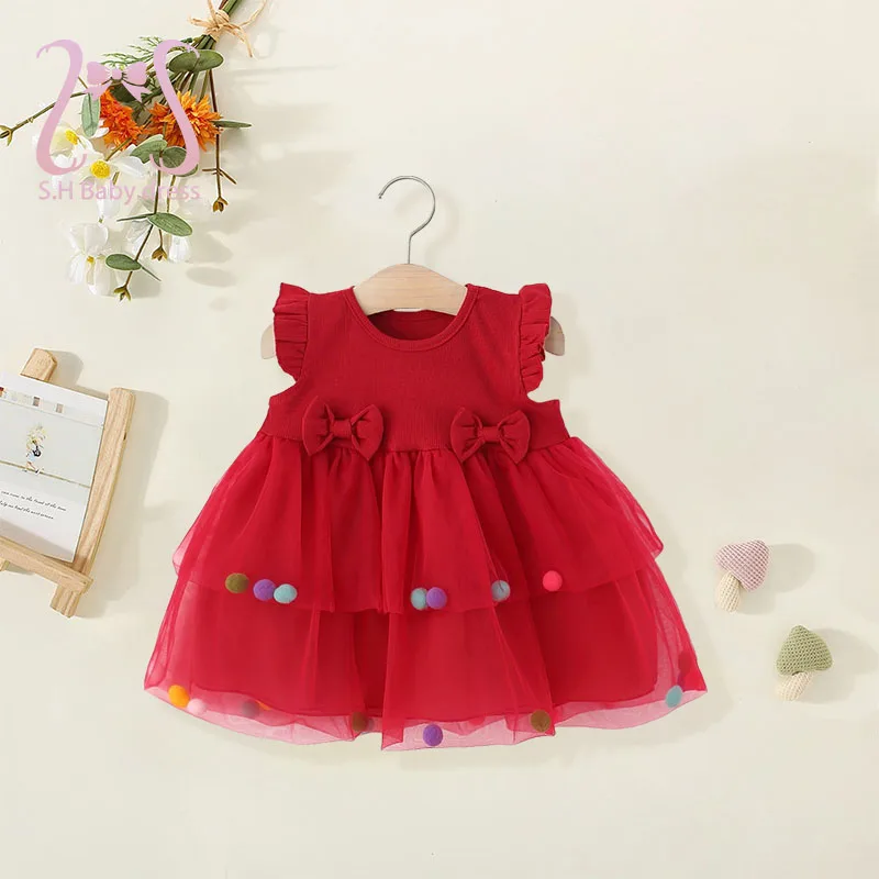 Baby Girl Sleeveless Baptism Dress Fashion Kids Birthday Party Fairy Mesh Dresses Sweet Bow Children Clothing Colorful Newborn