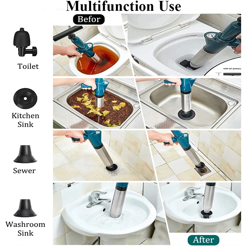 Professional High Pressure Pipe Plunger Toilet Plungers Pump Air Blaster Hose Unblocker Opener Drain Sinks Cleaning Gun Bathtub