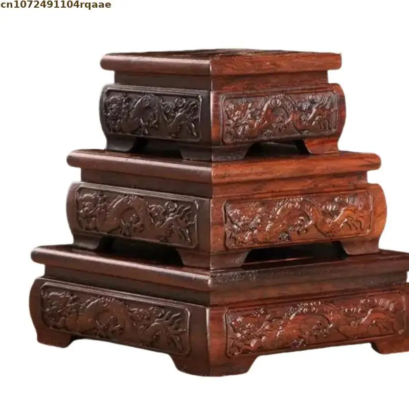 Chinese Loong Miniature Figurines Display Stand - Ebony Base Vase Flower Pot Tea Sets Bonsai Plant Pedestal Wooden Shelves