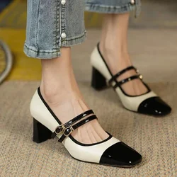 2023 Spring New High Heels Women Shoes Designer Square Toe Chunky Sandals Sexy Party Shoes Retro Mary Janes Pumps Zapatillas