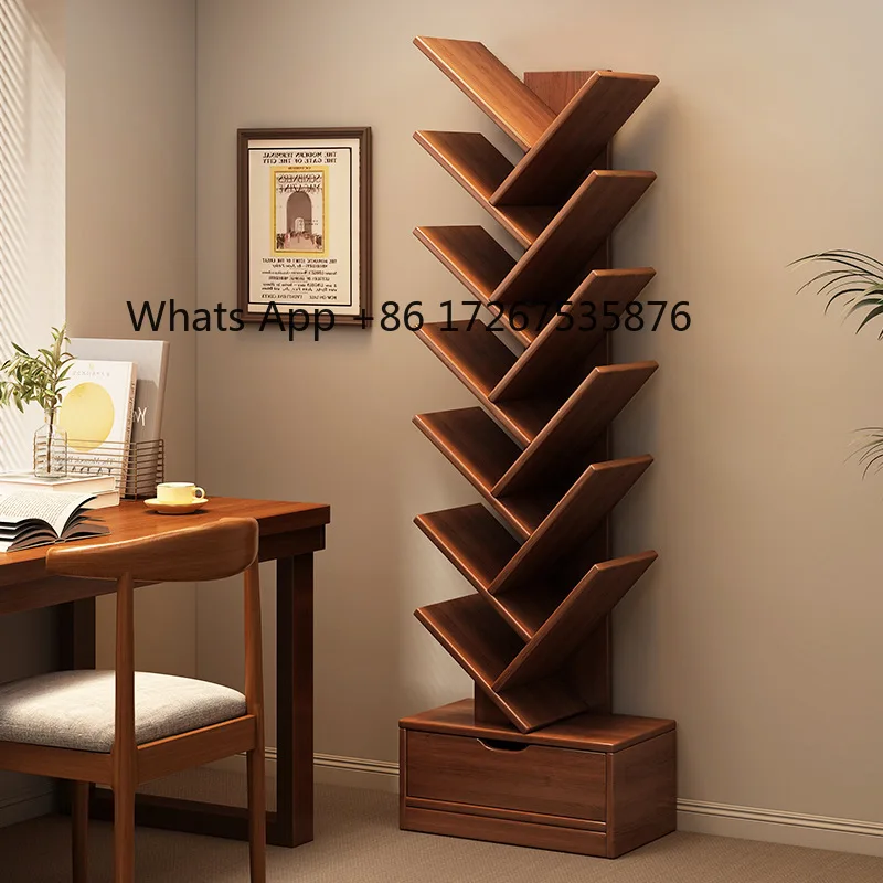 Solid wood bookshelf creative tree-shaped floor shelf household living room storage rack corner bookcase storage cabinet