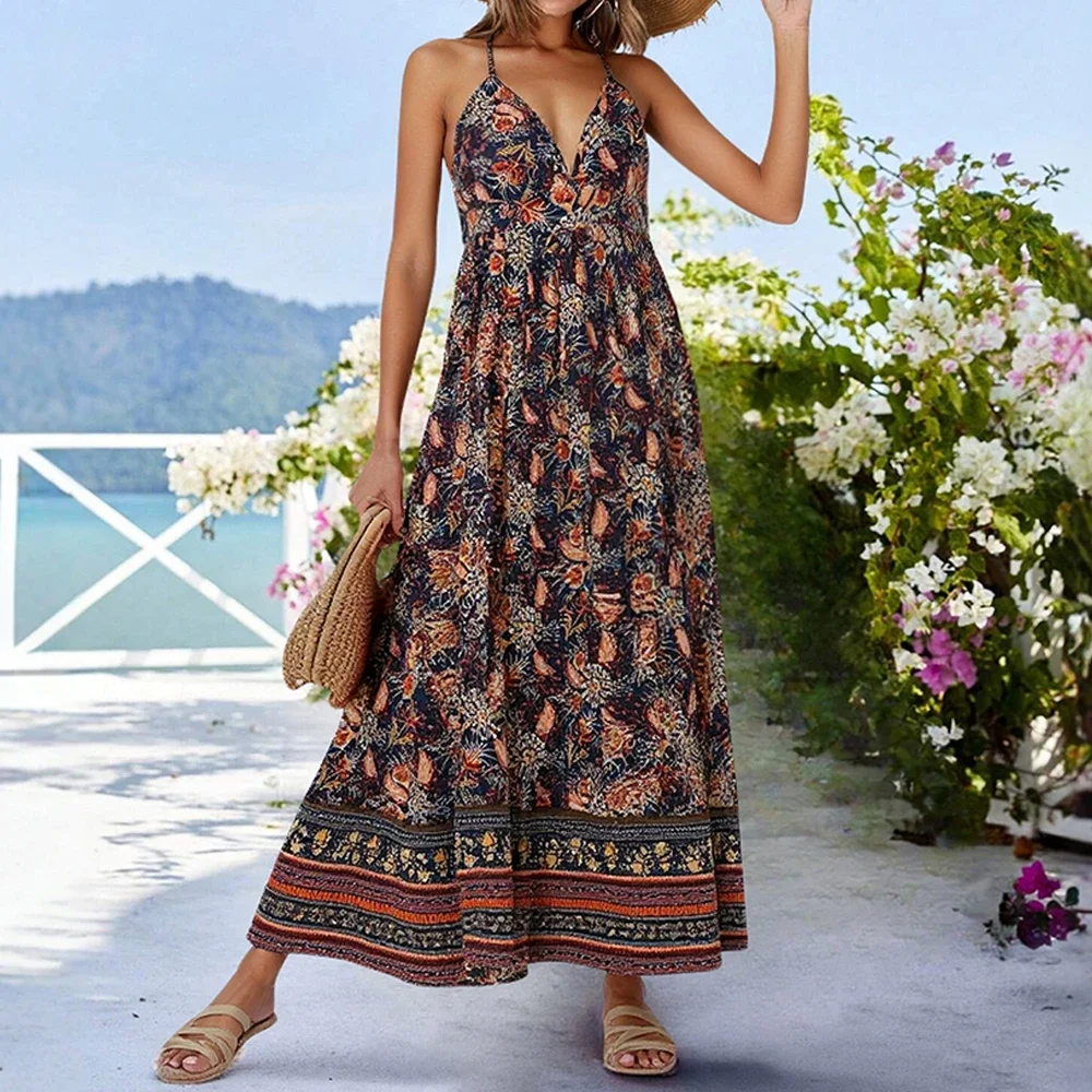 فساتين الصيف عطلة نمط الأزهار طباعة أكمام يغرق الرقبة منتظم صالح فساتين ماكسي كامي للنساء