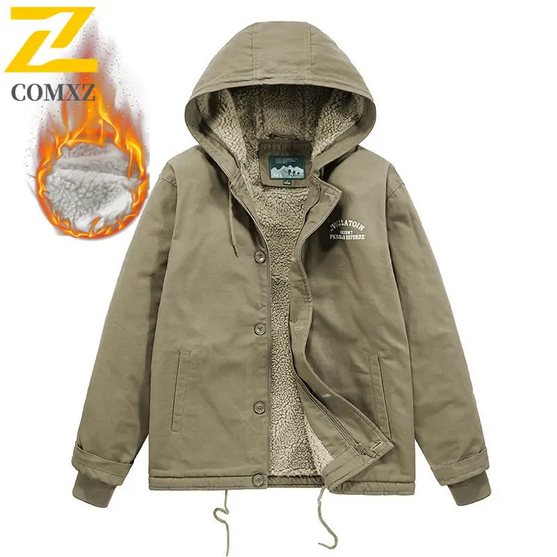 

Мужская хлопковая куртка, осенне-зимняя толстая бархатная теплая рабочая одежда в стиле ретро, куртка с капюшоном, уличная повседневная универсальная хлопковая куртка на молнии