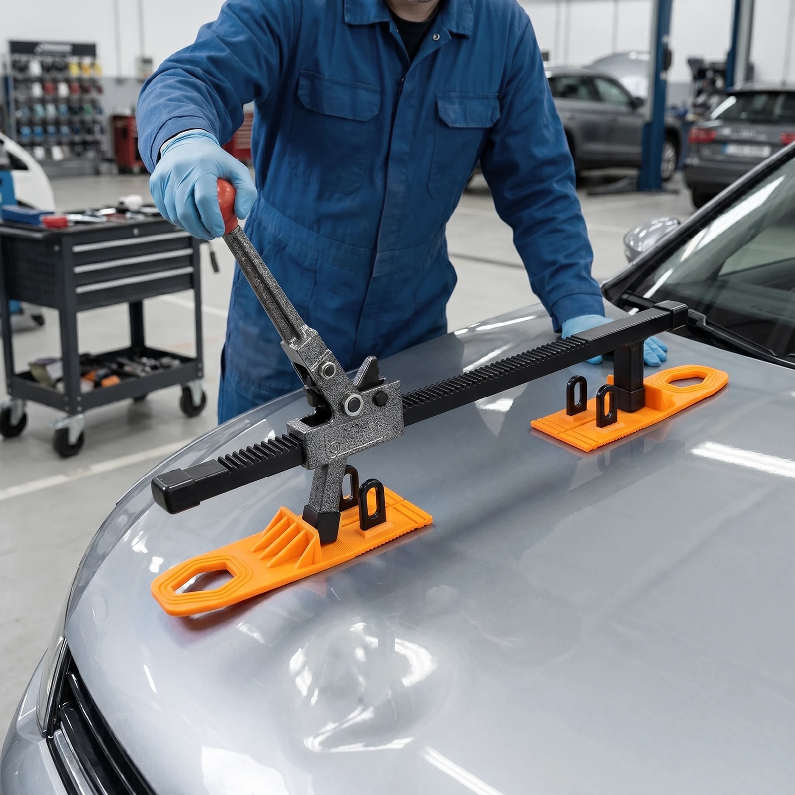 Strumento per la riparazione di ammaccature su auto, dimensioni 43,5 x 23 cm, peso 5,7 libbre, kit per la riparazione di ammaccature, con 2 piastre di trazione e 4 anelli, adatto per auto, motocicli,