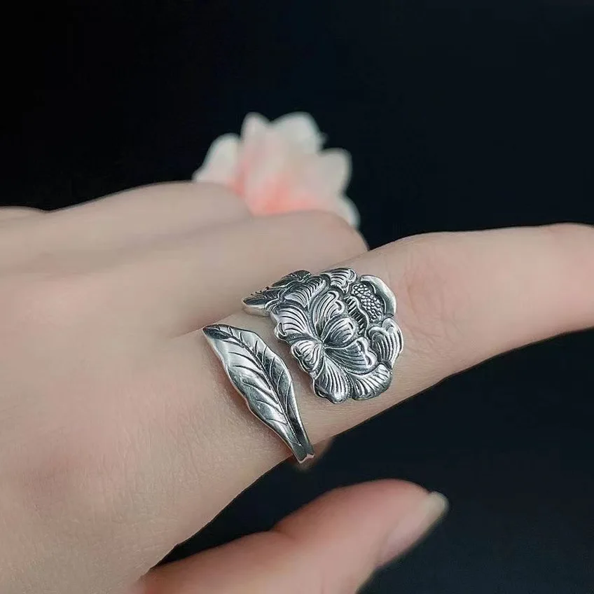 Buyee 925 Sterling Silver Female Big Ring Finger Peony Flower Open Ring for Women Fashion National Style Fine Jewelry Circle