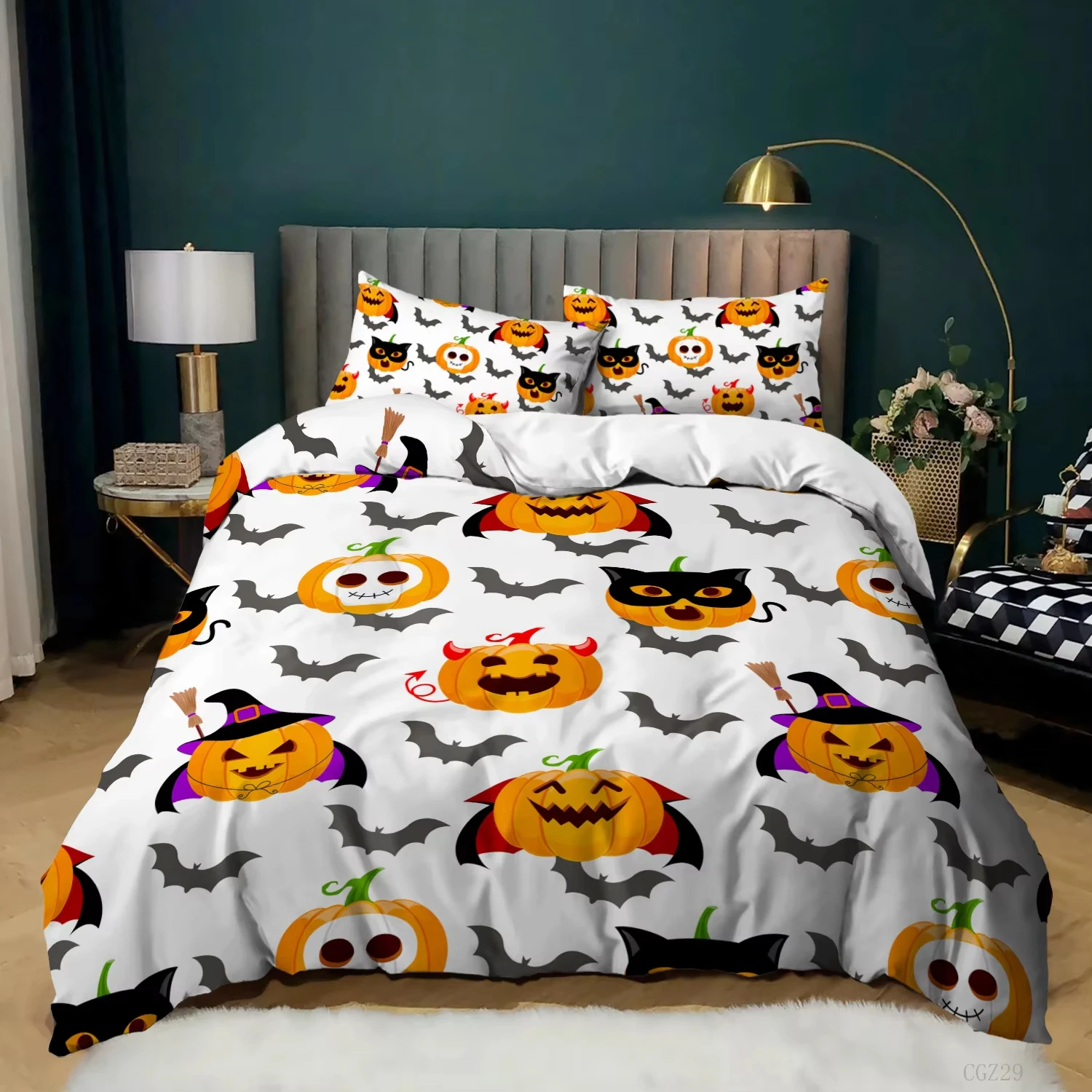 Halloween Theme Duvet Cover Single Full King Size Cartoon Pumpkin Lantern Bat Pattern Comforter Cover Gothic Spooky Bedding Set