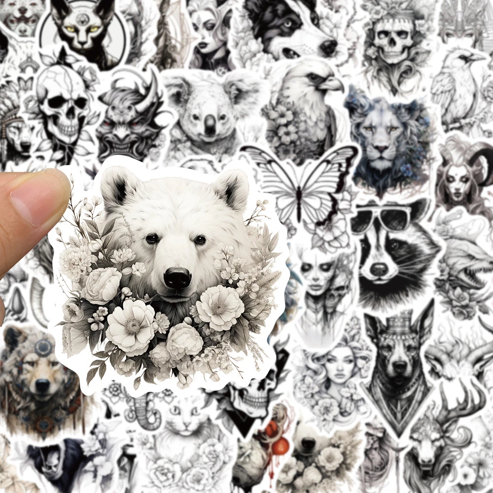 

10/30/50pcs Black White Horror Gothic Animal Art Stickers DIY Stationery Notebook Laptop Car Cool Waterproof Sticker Classic Toy