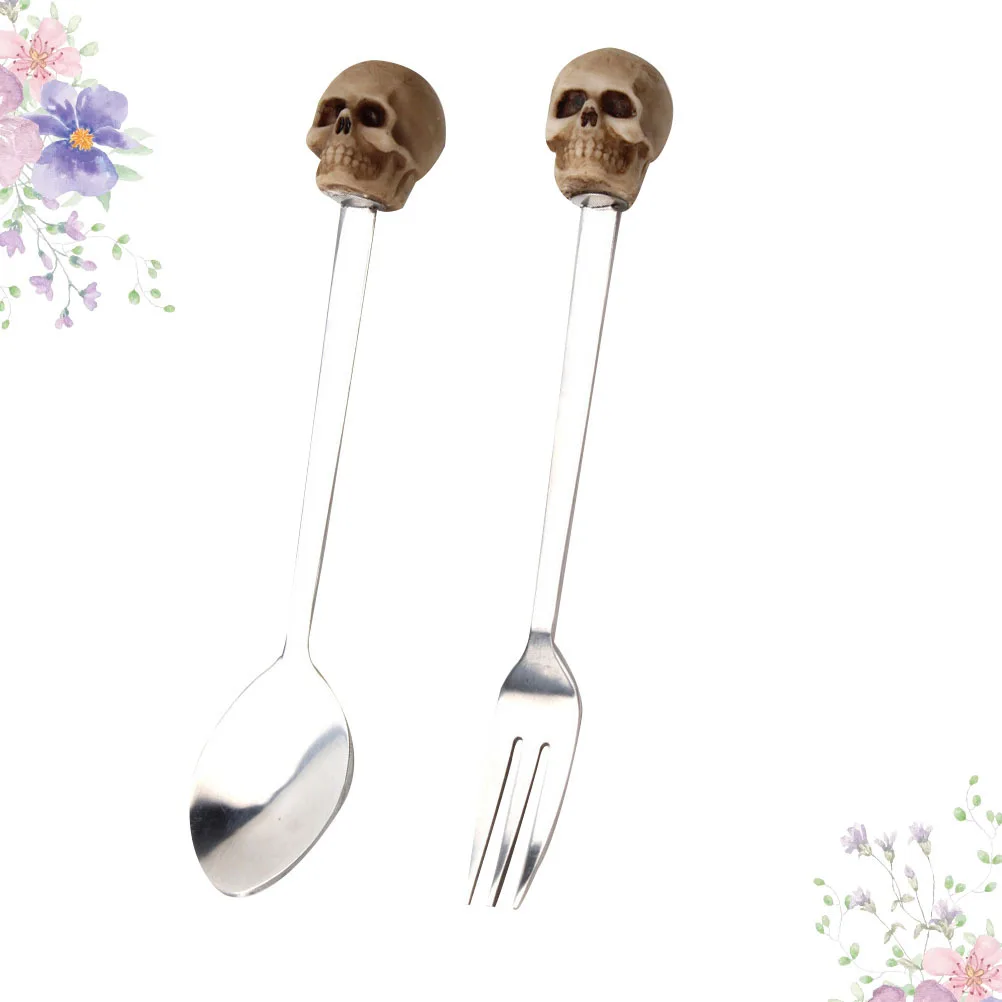

2Pcs Stainless Steel Flatware Skull Handle Fork Spoon Set Easy Clean Portable Travel Tableware Stainless Steel Flatware