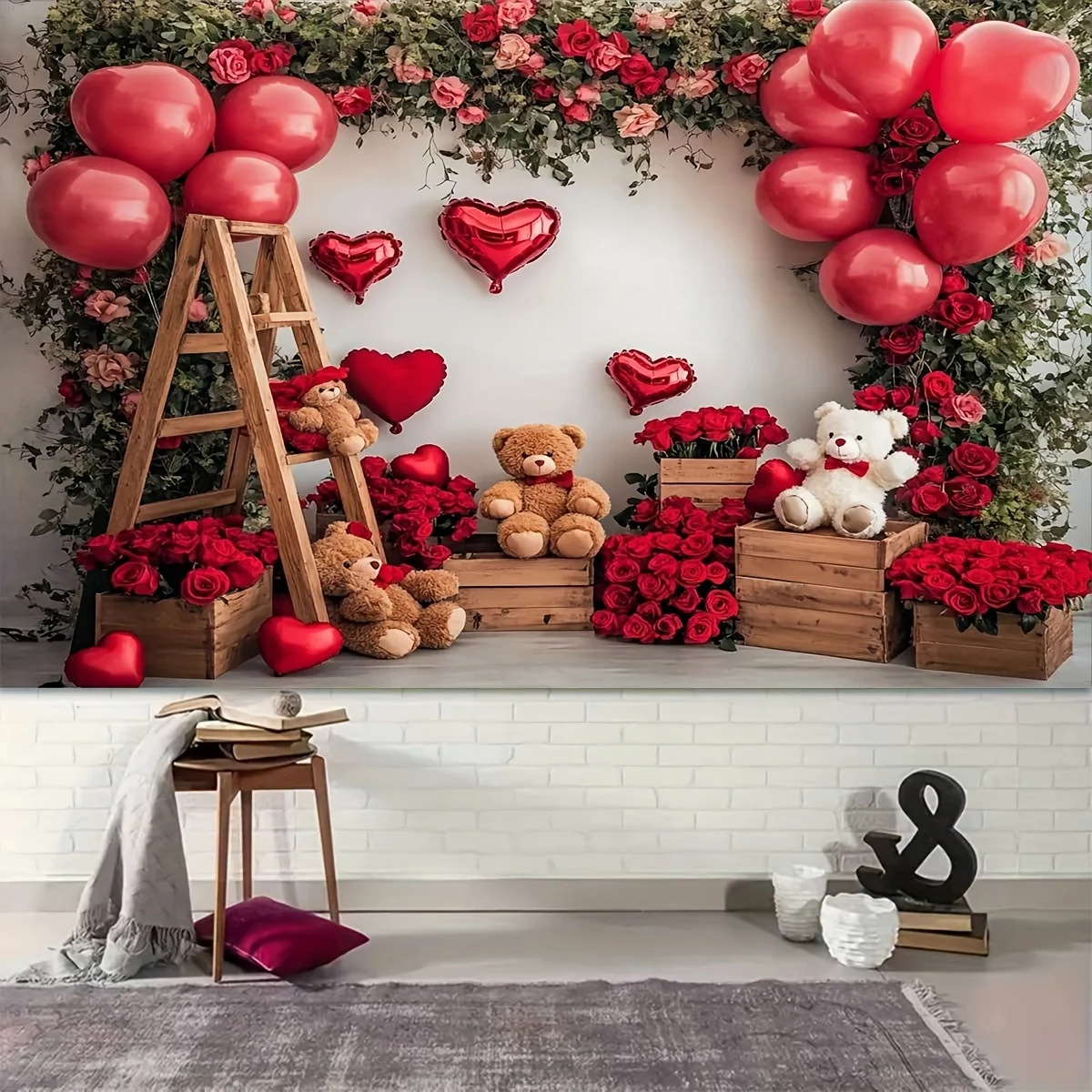 1 Stück Valentinstag Herzförmiger Rosen-Hintergrund Romantische Party-Dekoration Fotografie-Hintergrundwand Live-Streaming Foto-Szene Aufbau Hängende Dekoration
