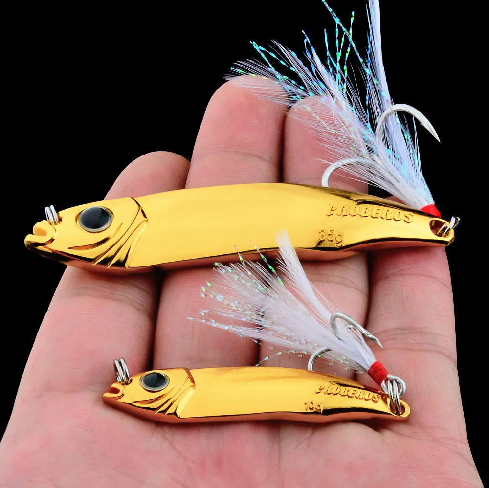

PROBEROS 1pcs Spinner Bait Gold 10g 15g 20g Metal Lure Sinking VIB Spoon Fishing lure Feather Treble hook Hard Wobbler dw469