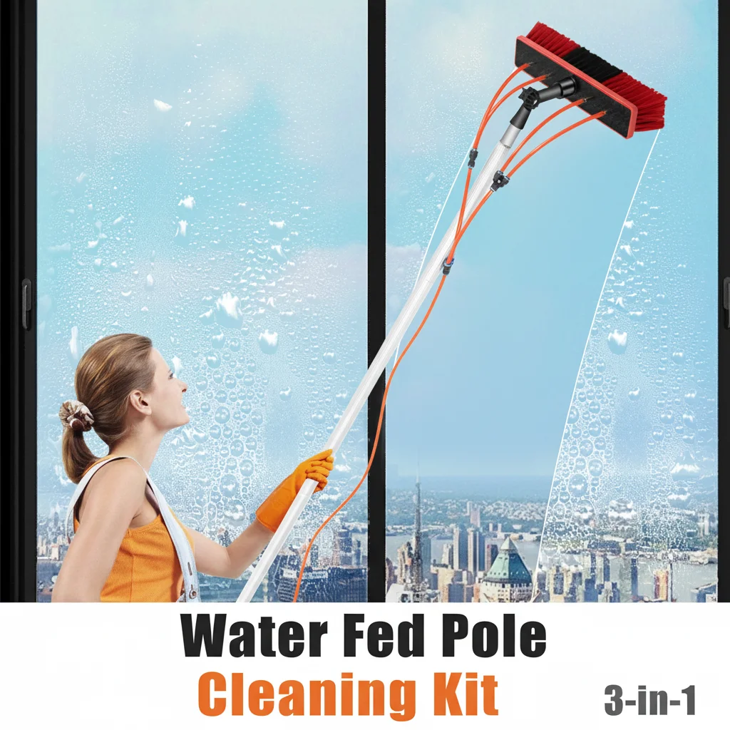 

Water Fed Pole Cleaning Kit 24.3ft Extendable Window Washing Set 3-in-1 Wash Brush Scrape Kit with 180° Rotatable Brush