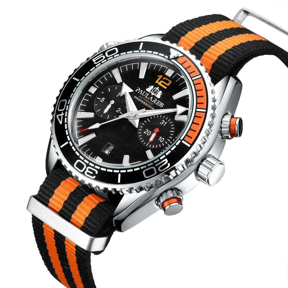 Men Automatic Self Wind Mechanical Orange Black Blue Red Gray Canvas Strap Multifunction Date Month Watch