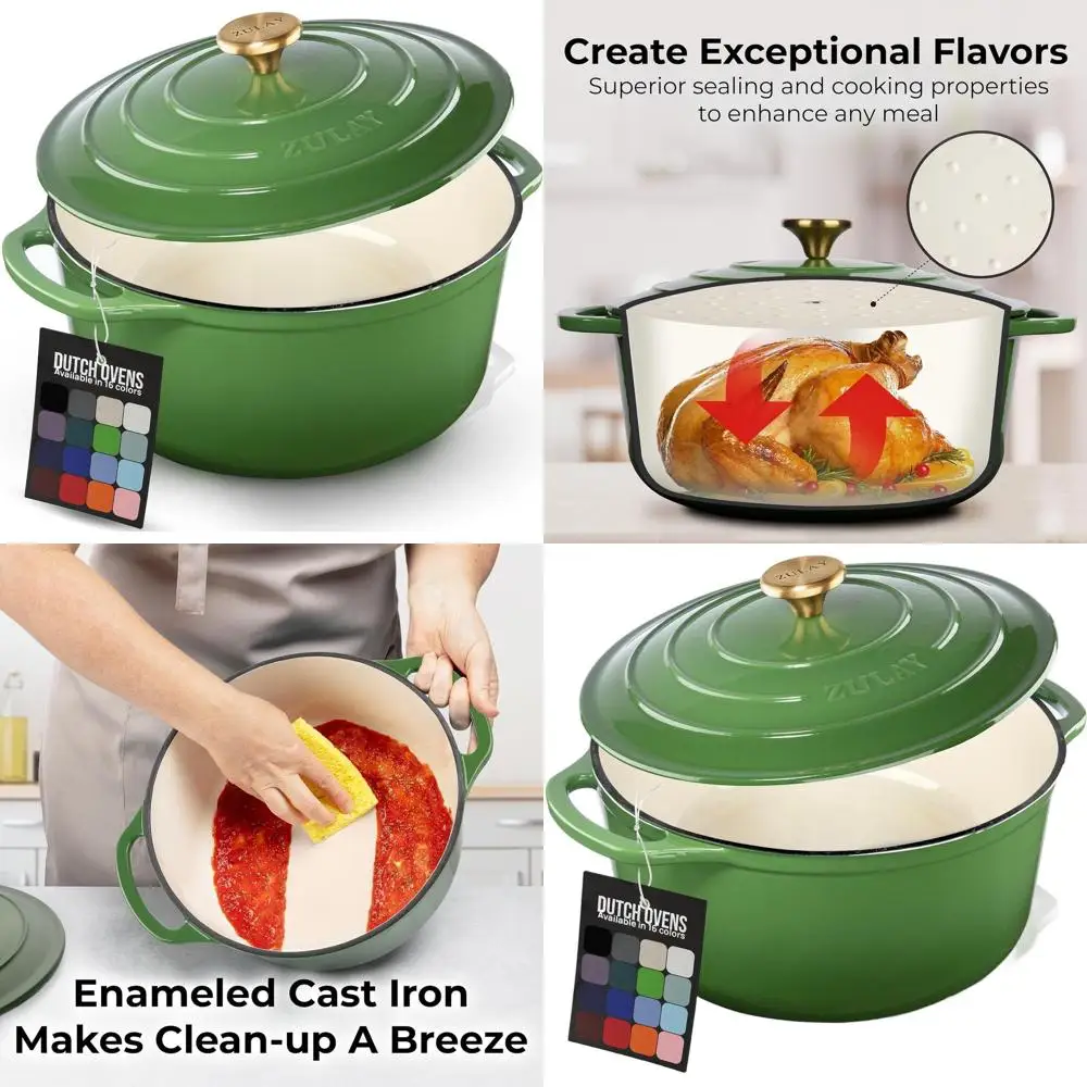

Эмалированная чугунная голландская духовка, 5 литров, безопасная в духовке до 500 шт. ° F, идеально подходит для выпечки, рагу и запекания, зеленый