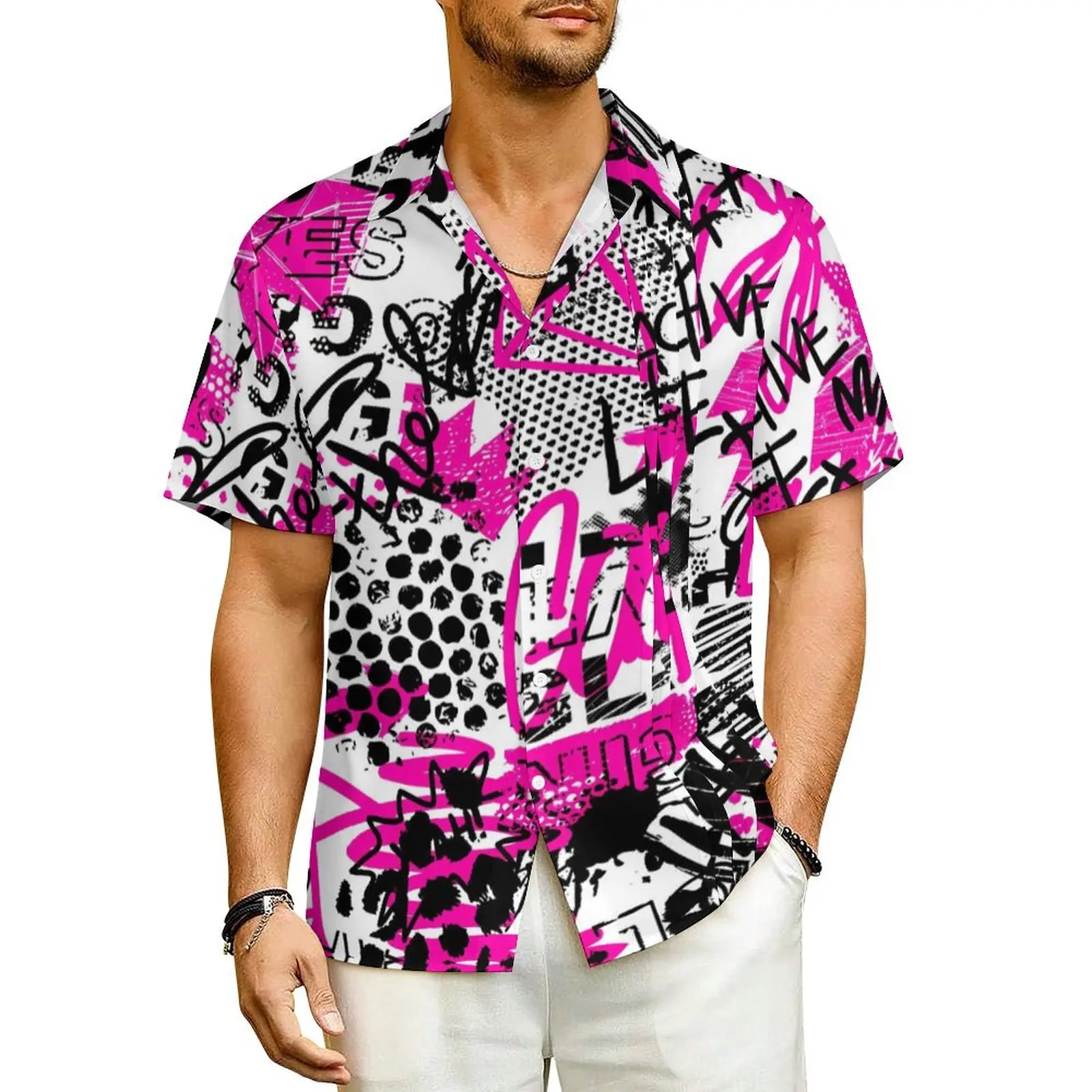 

Black Pink Graffit Hawaiian Shirt Male Vacation Letter Print Casual Shirts Short Sleeves Street Style Vintage Oversized Blouses