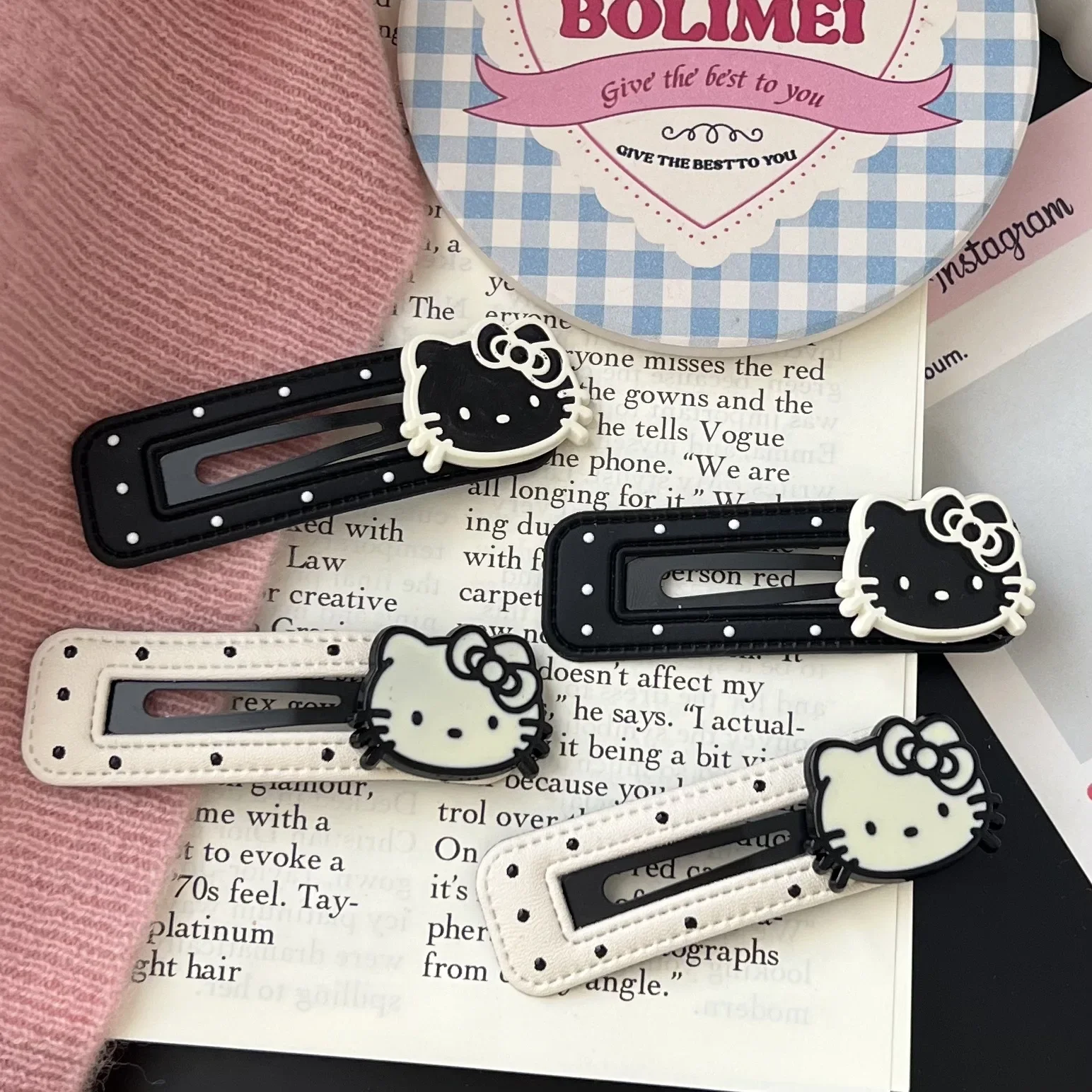 Hello Kitty Hairpin Black Cute Leather Hair Clip and White Decorative Pattern Girl Heart Hair Clip Headpiece Best Friend Gift