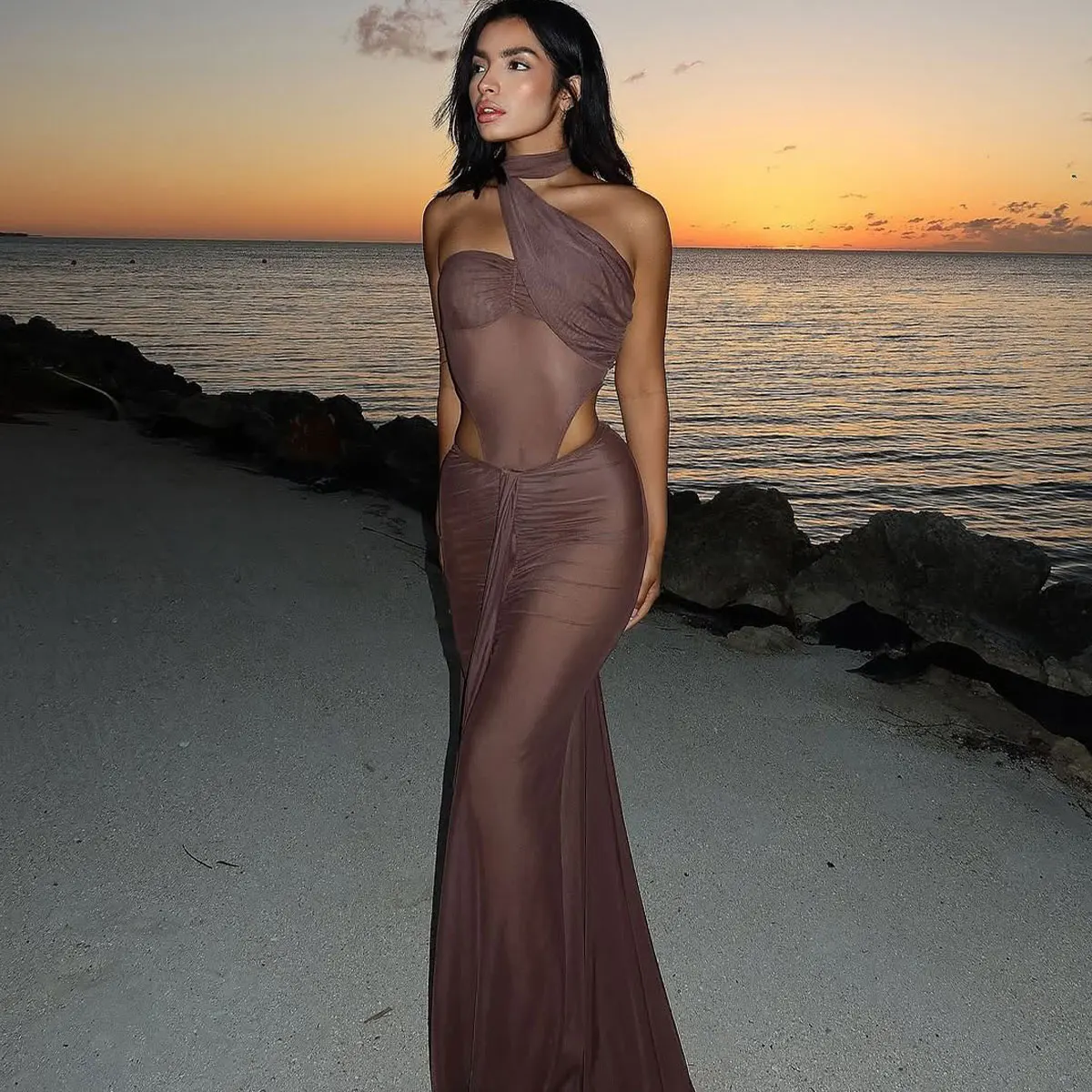 2025 Sexy Sheer One-Piece Swimsuit Long Fish-Tail Dress with Cut-Out Design Perfect for Beach Evening Parties Women's Swimsuit