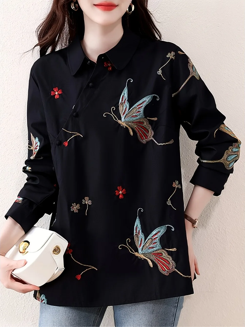 

Retro Style Embroidered Long Sleeve Shirt Women's Button Front Asymmetrical Hemline Loose Fit Polyester Fiber Shirt