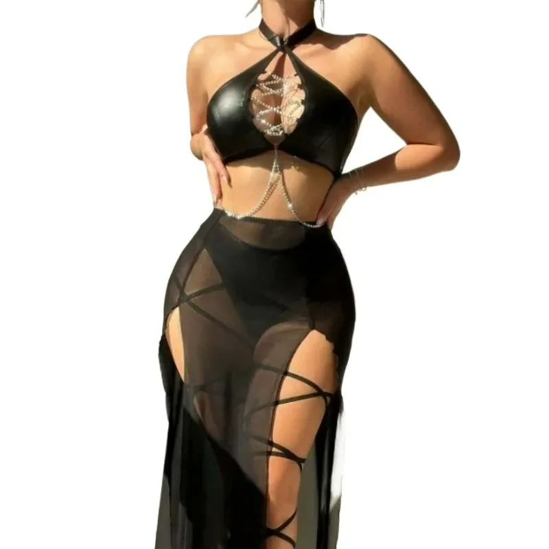 Sexy Short Mini Skirt Sets for Women 2 Pieces Hollow Out Leather Outfit Lace Up Cross Bra Black Slit Skirt Women's Lingerie Set