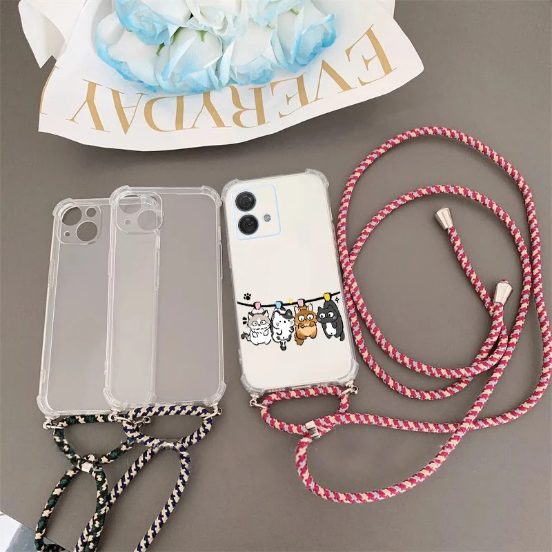 Edge 40Neo Curious Cat Transparent Lanyard Phone Case For Motorola Moto Edge 30Neo 40 50Pro 30 E13 E20 E32 E7 E6S E40 E22 Cover