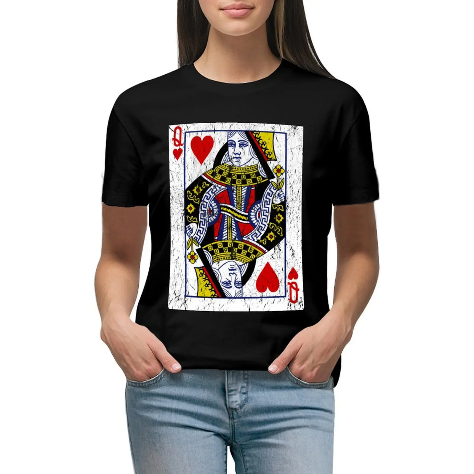 

Queen of Hearts Playing Card T-Shirt customizeds blanks anime animal print shirt for girls cotton t shirts Women