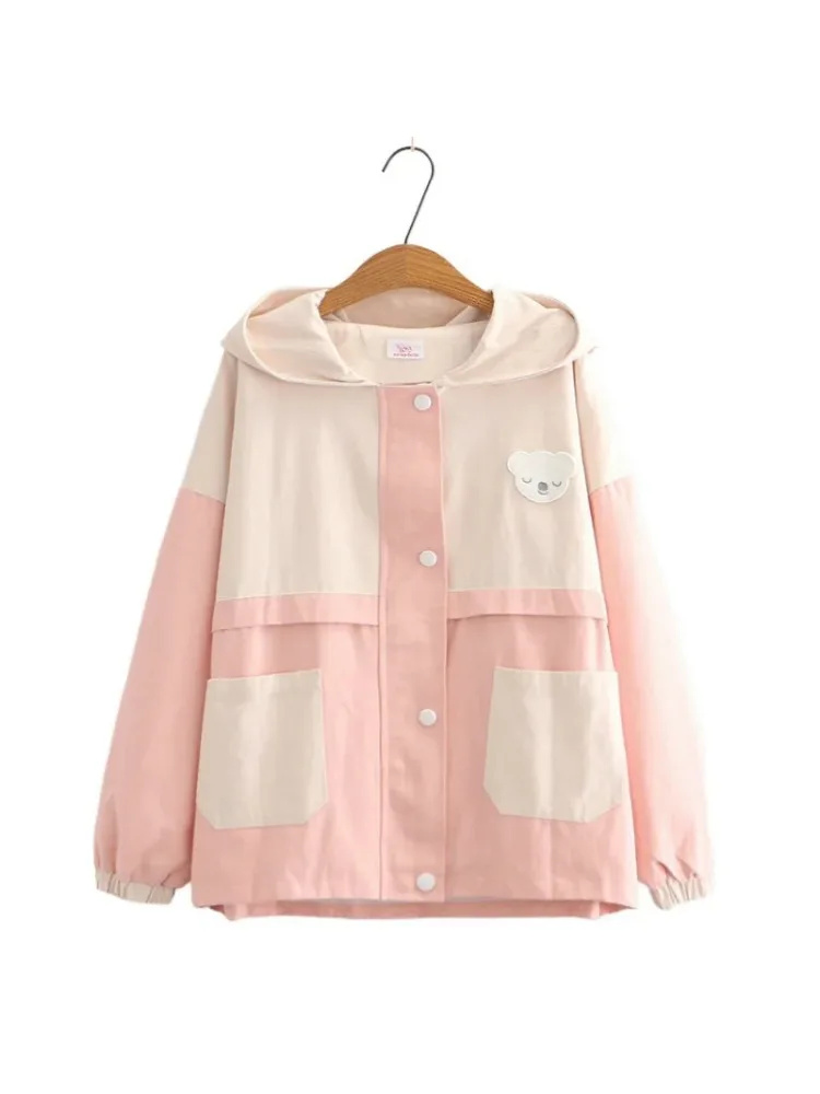 

Женская куртка с аппликацией медведя из мультфильма, Базовая куртка на молнии с длинным рукавом, Осень-зима 2021