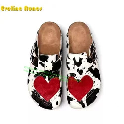 Horsehair Heart Cover Toe Slippers Round Toe Flat with Slip On Casual Couple Mules Cow Pattern Summer All Match Pumps 2024 Trend