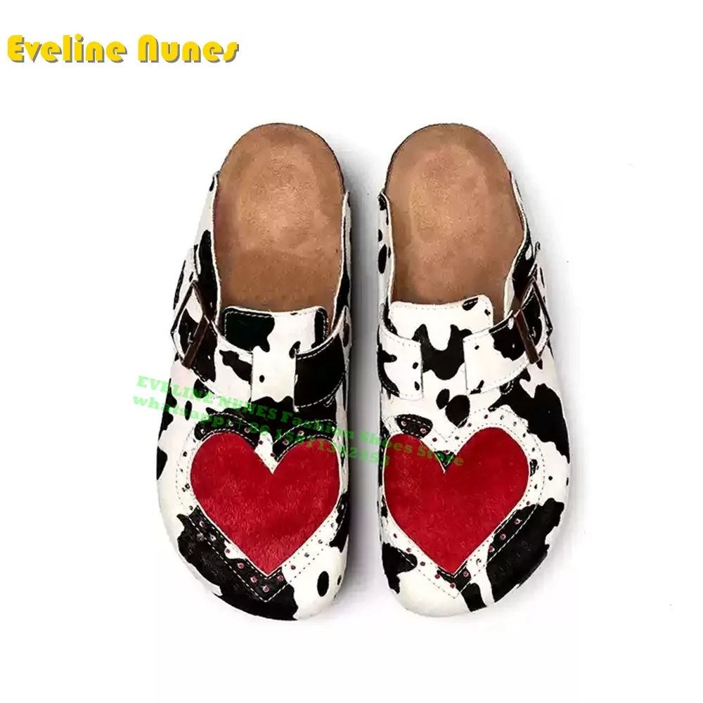 Horsehair Heart Cover Toe Slippers Round Toe Flat with Slip On Casual Couple Mules Cow Pattern Summer All Match Pumps 2024 Trend