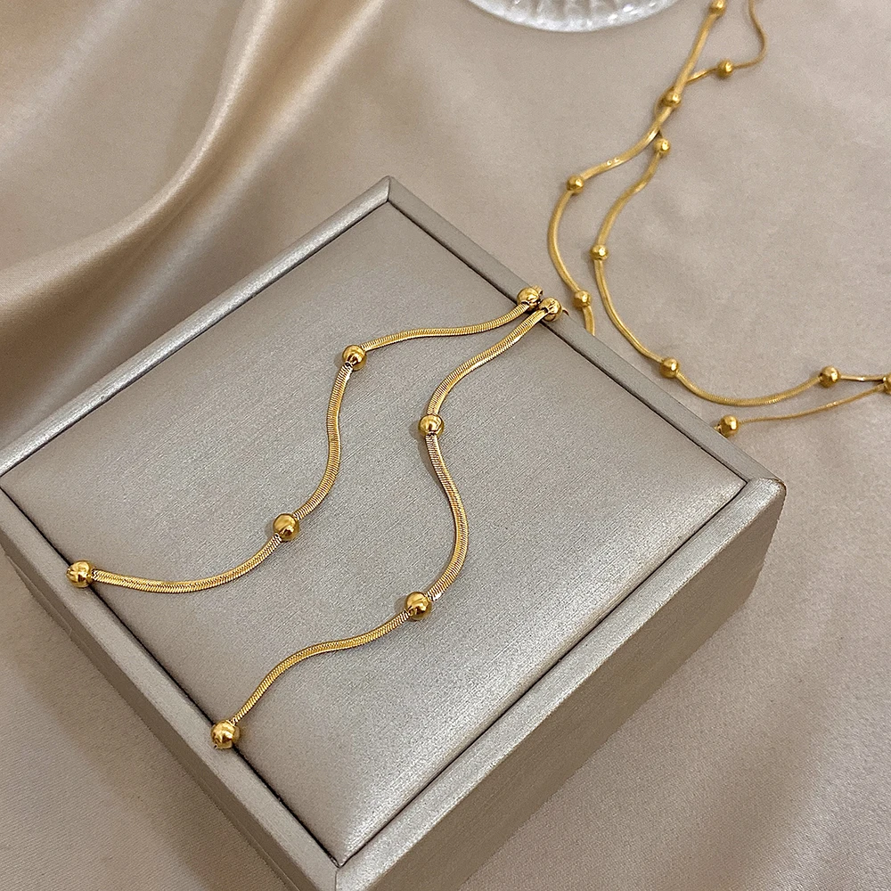 Fashion Beaded Stainless Steel Necklace for Women Minimalist Gold Color Double Layer Long Pendant Necklaces Party Jewelry view 5