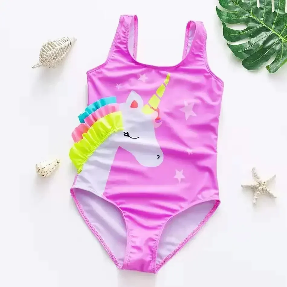 2-14 Years Girls Swimsuit 2023 New One Piece Swimwear Flamingo Ruffle Style Children\'s Swimwear One Piece Swimsuit