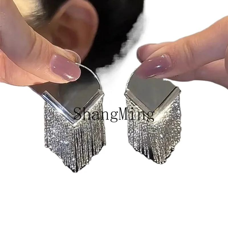 

ZYH sterling silver high-end rhombus fringed ear hook earrings women's simple model