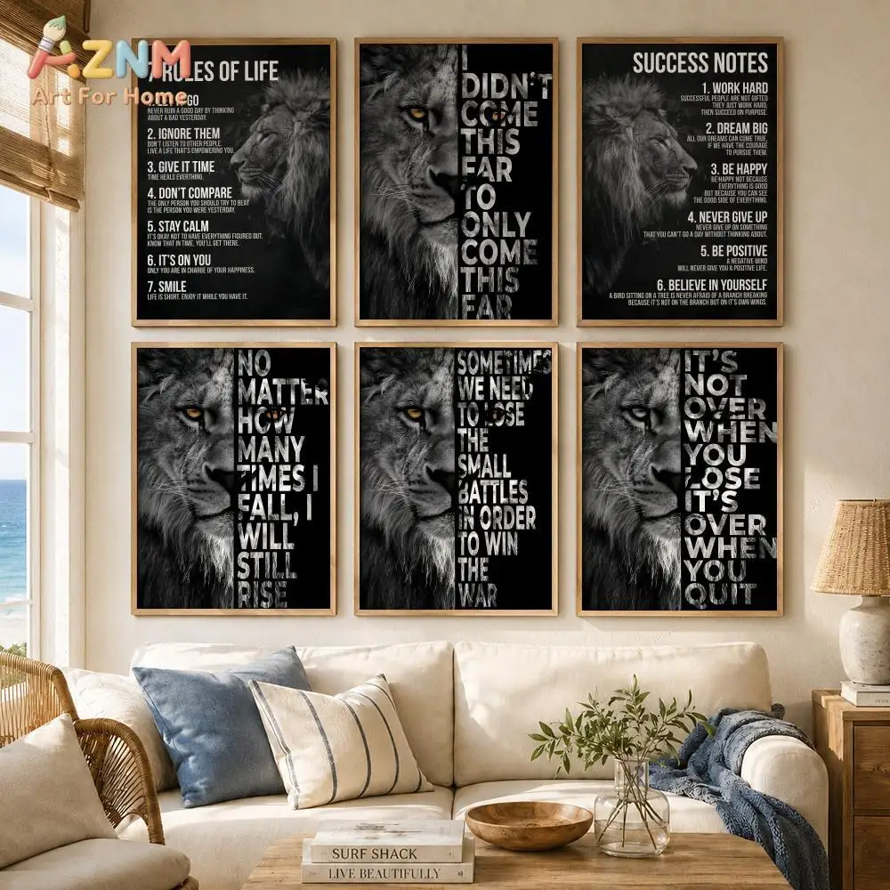 AZNM Black White Lion Motivational Canvas Wall Art Inspirational Life Rules Quotes Print Office Bedroom Entrepreneur Decor Poste
