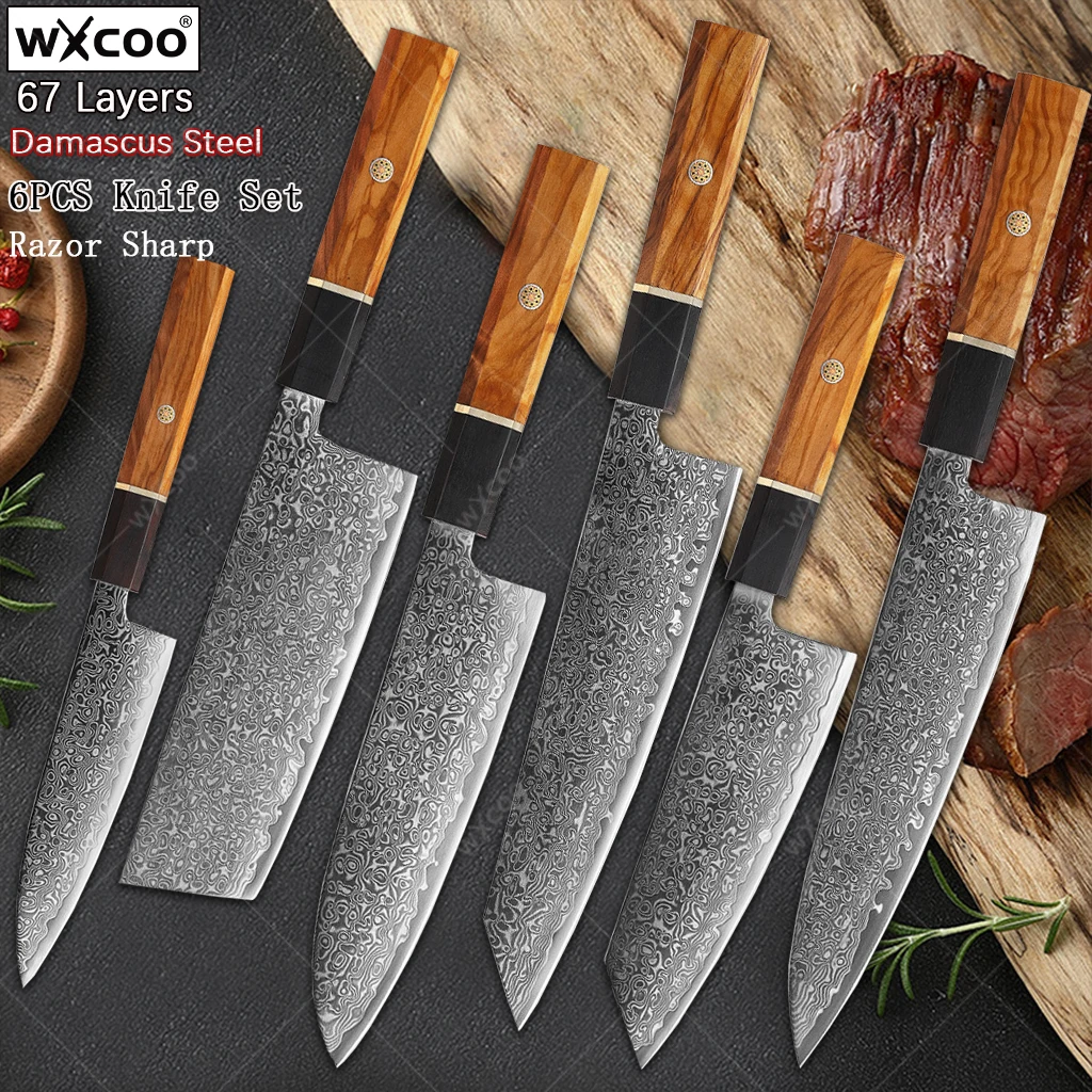 

WXCOO 67-layer Damascus Steel Chef Kiritsuke Knife Santoku Knife Damascus Knives Blade Japanese Chef Meat Cleaver Fruit Peeling